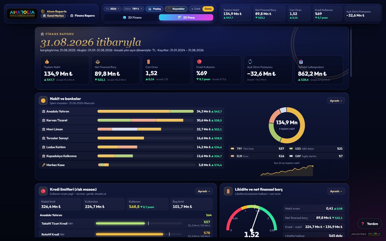 Atom Reports finans raporunun 2D panosu