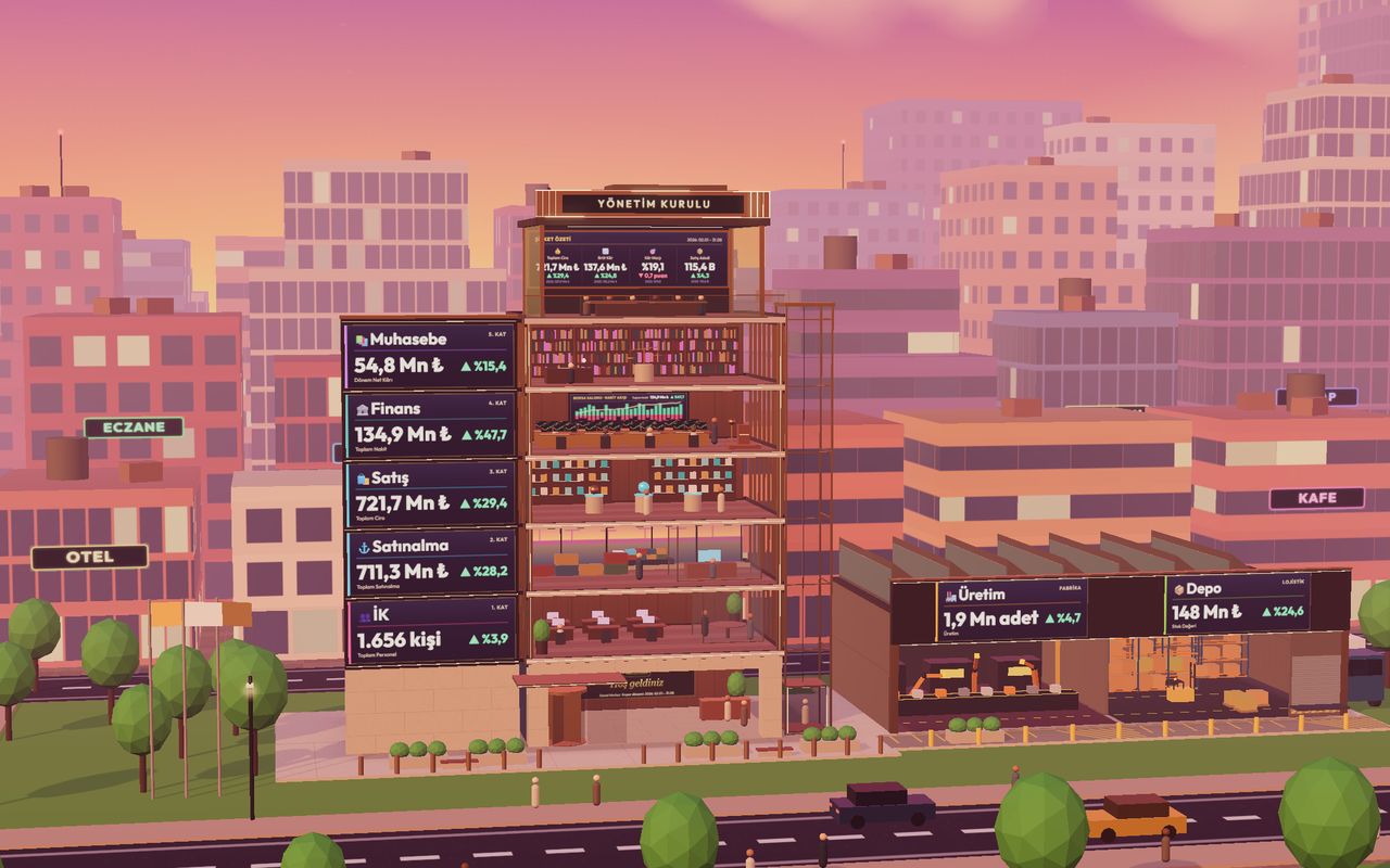 Atom Reports Genel Merkez: departman katlarıyla kesit gökdelen ve fabrika